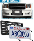 Front License Plate Bracket With Full Border In Black ABS, 4 Hook Design, Stainless Steel Screws And Ties, For 2 Pre Drilled Holes Bumper Mounting, Copper Core Inserts For Rock Solid Screw Lockdown And Easy Hassle Free Install, shown installed on vehicle and in kit with plate.