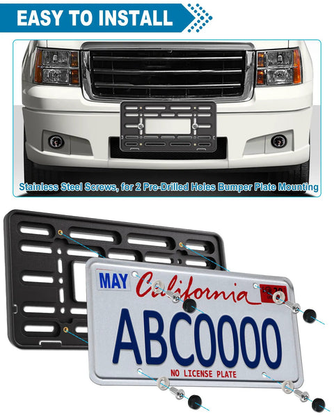 Front License Plate Bracket With Full Border In Black ABS, 4 Hook Design, Stainless Steel Screws And Ties, For 2 Pre Drilled Holes Bumper Mounting, Copper Core Inserts For Rock Solid Screw Lockdown And Easy Hassle Free Install, shown installed on vehicle and in kit with plate.