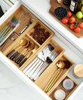 Game Changing Bamboo Drawer Organizer Set Featuring Adjustable Dividers To Keep Vanity Makeup Kitchen Cutlery Office Essentials And Crafting Gear Neatly Sorted.