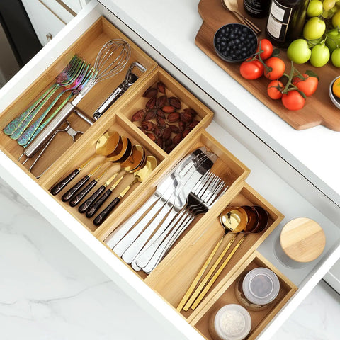 Game Changing Bamboo Drawer Organizer Set Featuring Adjustable Dividers To Keep Vanity Makeup Kitchen Cutlery Office Essentials And Crafting Gear Neatly Sorted.