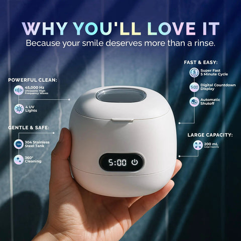 Hand holding Retainer And Aligners Cleaning Pod With 45kHz Ultrasonic Power, UV Light Sterilizer, 200ml Tank, Digital Timer For Invisalign