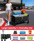 Person using 34 Inch Extra Long Foldable Wagon With All Terrain Wheels, 260 Lb Capacity, Heavy Duty Collapsible Utility Cart, Black
