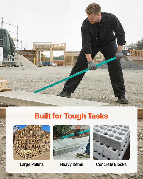 Man using Monster Pry Bar With 52.5 Inch Carbon Steel Handle For Demolition And Concrete Teardown Heavy Duty Crowbar 2000lbs Prying Capacity Floor Demo Tool Ideal For Construction And Industrial Use on a construction site.