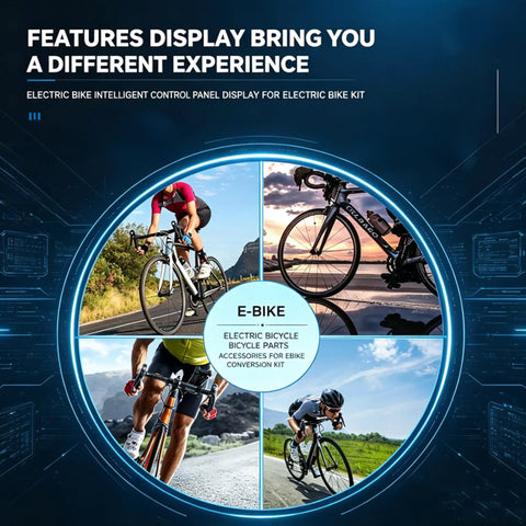 Graphic showing electric bike features display for control panel with cyclists in various environments