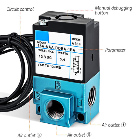 12V 5.4W 3-Port Electronic Boost Control Solenoid Valve with Carbon Steel Body, Brass Fittings, 6mm Connector, Model 35A-AAA-DDBA-1BA