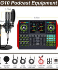 Image showing G10 All In One Podcast Studio Bundle With Plug And Play Integrated Mixer And P15 Microphone For Live Streaming YouTube Recording On PC Ready Simple Setup For Pro Level Broadcasts, featuring mixer, mic, and cables.