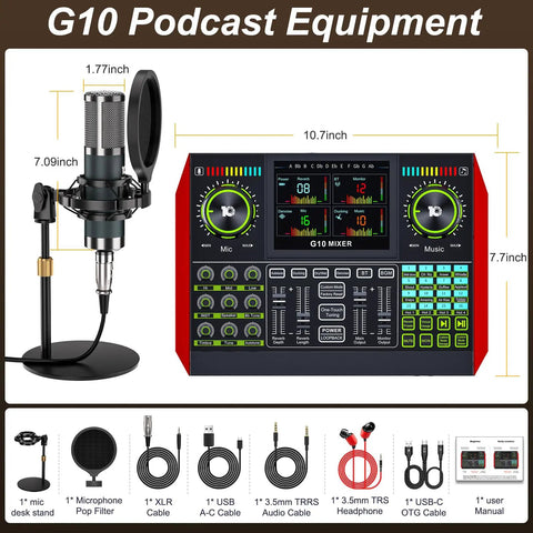 Image showing G10 All In One Podcast Studio Bundle With Plug And Play Integrated Mixer And P15 Microphone For Live Streaming YouTube Recording On PC Ready Simple Setup For Pro Level Broadcasts, featuring mixer, mic, and cables.
