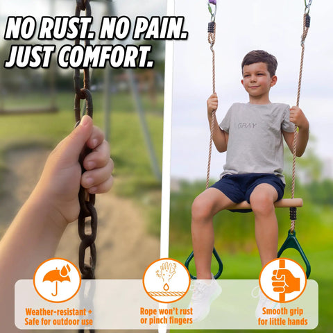 Child using Kids Trapeze Bar With 18 Inch Adjustable Height And Gym Rings For Swing Sets Ninja Warrior Obstacle Course