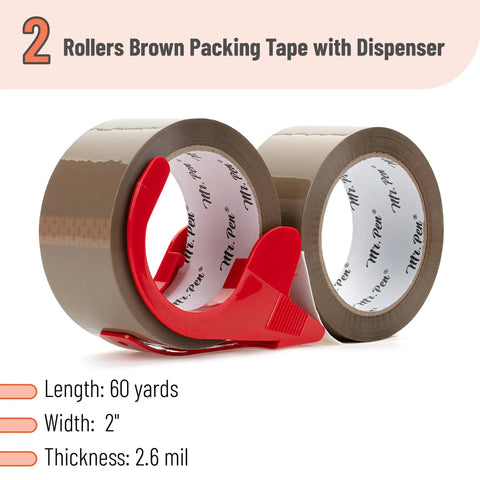 Brown Packing Tape With Dispenser, 2 Inch By 60 Yards, Heavy Duty Shipping Tape With Strong Adhesive For Boxes, Includes Two Refill Rolls