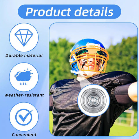 Football player wearing helmet with facemask and 24 Pack Must Have Facemask Hardware Kit For Helmets With 12mm And 8mm Screws highlighted.