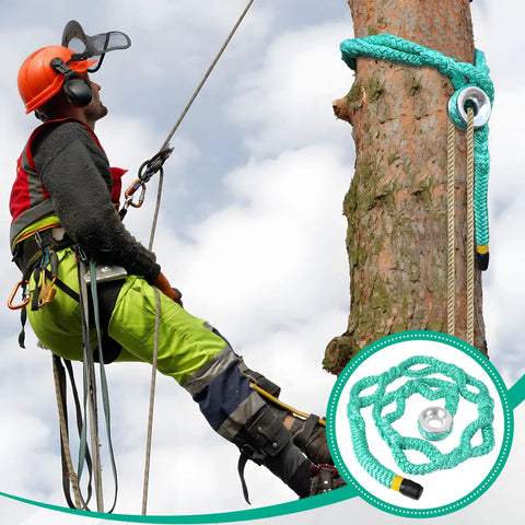 Heavy Duty Tree Rigging Rope Ring Sling Three Quarter Inch By Six Feet With Aluminum Ring in use for tree pruning.