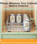 Heavy Duty Stainless Steel Pull Out Cabinet Organizer Two Pack With Slick Full Extension Slide Out Design and No Sweat Spice Rack for a Total Game Changing Pantry and Kitchen Storage Solution in cabinet with measurements.