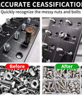 51 In 1 Bolt Size Finder And Thread Checker With 32 Metric And 32 SAE Gauges, showing before and after bolt organization