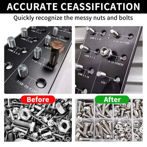 51 In 1 Bolt Size Finder And Thread Checker With 32 Metric And 32 SAE Gauges, showing before and after bolt organization