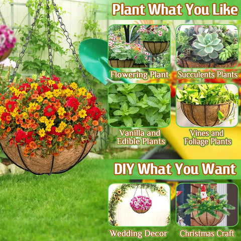 2 Pack 14 Inch Hanging Baskets For Plants Outdoor With Coco Liner, Metal Wire Round Planters For Home Garden Porch Balcony
