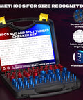 64 Piece Thread Gauge Set For Nuts And Bolts Standard And Metric Sizes With Detachable Size Identifier in open case.