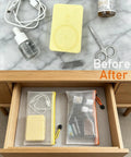 Lightweight Zipper Mesh Pouches 24 Pack A6 Clear Storage Bags for Grab And Go Travel Cosmetics Toiletries Home Office Organization Color Coded with Free Sticker and Labeling Tabs, showcasing organized drawer with items and labeled Before After.