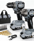 Pro Grade Two Speed Cordless Drill And Impact Driver Combo Kit With Two Long Lasting Lithium Ion Batteries, drill bits, and accessories.