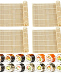 Bamboo Sushi Rolling Mat Set Of 4 Pcs for Homemade Maki Kimbap and Rolls, shown with assorted sushi rolls.