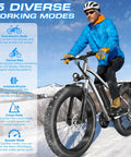 Rider on Beast 1000W Peak Electric Mountain Bike for Adults with 26 Inch Fat Tires, snow landscape in background
