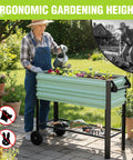 "Galvanized Raised Garden Bed On Legs With Wheels For Easy Mobility, Elevated Planter Box Measures 37 By 14.6 By 31.6 Inches, 400 Lb Load Capacity Plus 100 Lb Bottom Shelf, Perfect For Garden, Backyard, Patio Or Deck, Light Green, shown in use on patio with woman tending plants."