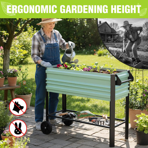 "Galvanized Raised Garden Bed On Legs With Wheels For Easy Mobility, Elevated Planter Box Measures 37 By 14.6 By 31.6 Inches, 400 Lb Load Capacity Plus 100 Lb Bottom Shelf, Perfect For Garden, Backyard, Patio Or Deck, Light Green, shown in use on patio with woman tending plants."