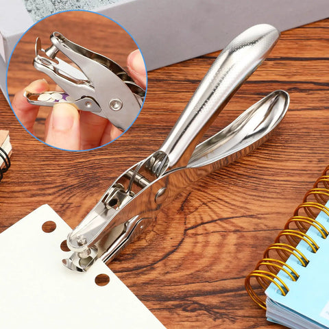 24 Pack Single Hole Punch One Quarter Inch Handheld Paper Punch for circle holes, metal construction shown on wooden desk with notebook.