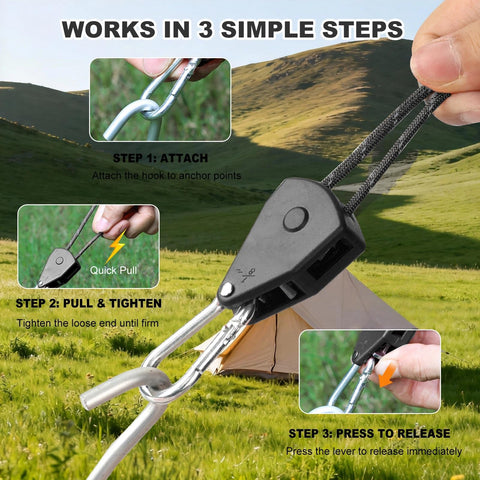 Steps to use 15 Ft Ratchet Strap Set With Paracord Tie Downs, 6 Pack For Tarps Tents And Canopies, Retractable Rope Tighteners