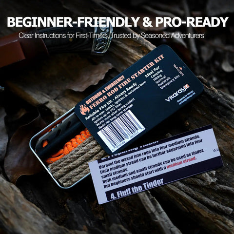 Compact Ferro Rod Fire Starter Survival Tool All In One Flint And Steel Kit Waterproof tin with jute ropes on forest ground
