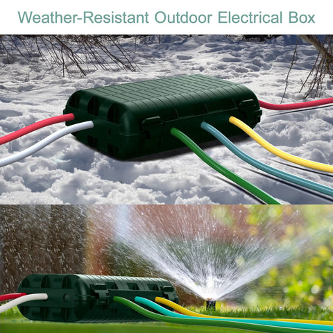 Heavy Duty Outdoor Waterproof Electrical Box Two Pack Tough As Nails Extension Cord Cover Slick Cable Protector For Power Strips Holiday Lights Nine Port Green on snowy ground with colored cables.