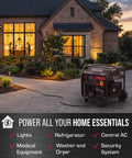 14,000 Watt Dual Fuel Portable Inverter Generator with remote electric start powering a house at sunset.