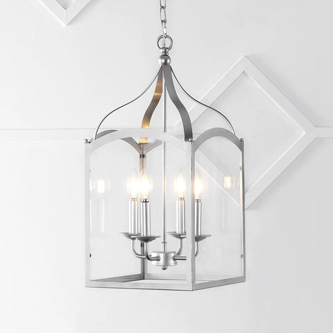 Silver 11 Inch Four Light Traditional Lantern Pendant With Metal Frame And Clear Glass Shade Classic Chandelier For Foyer Or Kitchen Island Energy Saving LED Bulbs Included hanging in a white room.