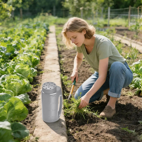 Person gardening with Adjustable Handheld Seed Shaker And Spreader For Fertilizer Grass Seed Ice Melt And Lawn Care Premium Durable Portable All Season Spreader In Gray next to her.