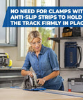 Kreg Accu-Cut circular saw track on a blue guide rail; front view of a woman using it.