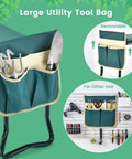 Garden Kneeler And Seat Foldable Bench With EVA Foam Pad showing removable tool pouch and utility storage options.
