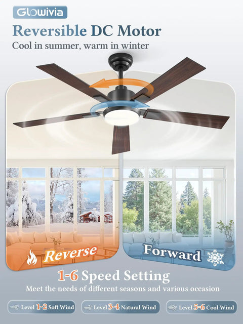 52 Inch Black Smart Ceiling Fan With Dimmable 3000K To 6000K LED Light Remote And App Control Six Speed Quiet Reversible Motor Indoor Outdoor Ceiling Fan For Bedroom Living Room showing reversible DC motor and speed settings