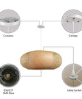 Diagram of Vintage Bamboo Woven Pendant Light With Birdcage Shade, showing crossbar, canopy, E26/E27 bulb base, and lamp socket.