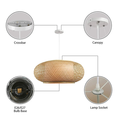 Diagram of Vintage Bamboo Woven Pendant Light With Birdcage Shade, showing crossbar, canopy, E26/E27 bulb base, and lamp socket.