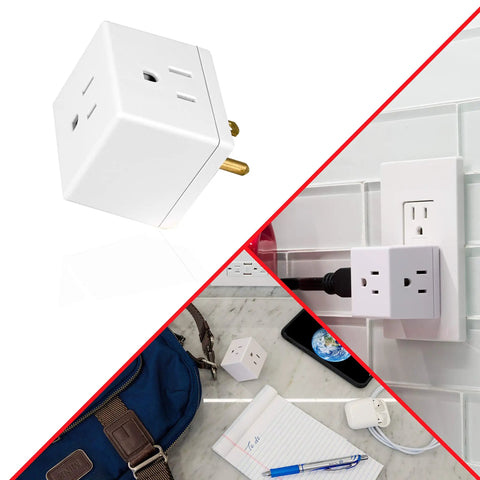 Three Outlet Cube Extender 3 Pack Wall Tap Power Splitter With Adapter Spaced Bulky Plug Friendly Grounded 3 Prong Design For Home Office Dorm Use UL Listed White Great For Travel And Dorm Rooms