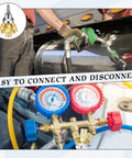 Two Pack 3 Way Air Manifold Hose Splitter Kit With Three Steel Industrial Couplers And Quarter Inch NPT Plug In Use