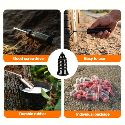 30 Pcs Tire Plugs Screw Type Emergency Tire Repair Kit with screwdriver being used roadside, durable rubber shown.