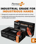 Extreme Duty Orange Nitrile Gloves With 8 Plus Mil Thickness And Textured Non Slip Grip Built Tough As Nails For Mechanics And Tradesmen Powder Free Latex Free Industrial Work Gear That Handles The Rough Stuff in packaging on a tiled background.