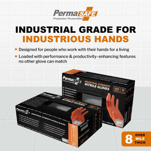 Extreme Duty Orange Nitrile Gloves With 8 Plus Mil Thickness And Textured Non Slip Grip Built Tough As Nails For Mechanics And Tradesmen Powder Free Latex Free Industrial Work Gear That Handles The Rough Stuff in packaging on a tiled background.