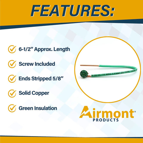 Pack Of Ten 12 AWG Solid Copper Ground Wires With Green Ground Screws For Electrical Boxes, 6.5 Inch Edge Stripped Grounding Wire