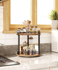Smooth Two Tier Lazy Susan Rotating Spice Rack Brings A No Sweat Game Changer To Your Kitchen Countertop Storage Setup In A Classic Rustic Brown Wood Finish with spices and jars.