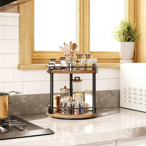 Smooth Two Tier Lazy Susan Rotating Spice Rack Brings A No Sweat Game Changer To Your Kitchen Countertop Storage Setup In A Classic Rustic Brown Wood Finish with spices and jars.