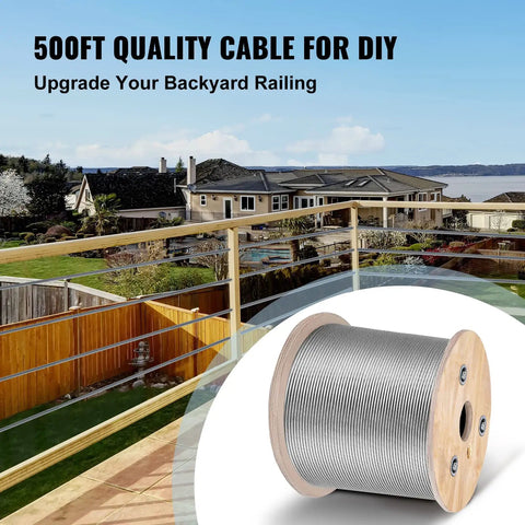 Spool of Three Sixteenth Inch Stainless Steel Cable Braided Aircraft Wire Rope Seven By Nineteen Strands Marine Grade T304 Five Hundred Feet with backyard railing