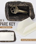 Outdoor Fake Rock Key Hider That Looks And Feels Like Real Stone, Weatherproof Spare Key Storage For Garden Or Yard, Easy Slide Cover, Blends With Landscaping, showing key inside rock with plastic back cover.