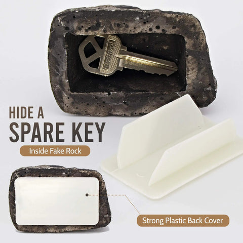 Outdoor Fake Rock Key Hider That Looks And Feels Like Real Stone, Weatherproof Spare Key Storage For Garden Or Yard, Easy Slide Cover, Blends With Landscaping, showing key inside rock with plastic back cover.