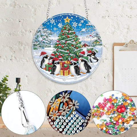 Totally Cozy Penguin Christmas Tree Sun Catcher Window Hanging DIY Double Sided Diamond Painting Pendant Kit 8x8 Inch